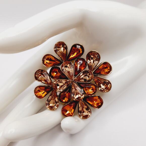 Vintage Amber Rhinestone Flower Brooch Gold Tone 2 Inch Statement Pin - Picture 4 of 10